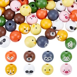 PH PandaHall 80PCS Animal Printed Wood Beads, 8 Styles 19mm Wooden Farmhouse Animals Beads with Dog Pig Fox Bear Frog Pattern Round Wood Beads for DIY Jewellery Making Christmas Decorations 5mm Hole