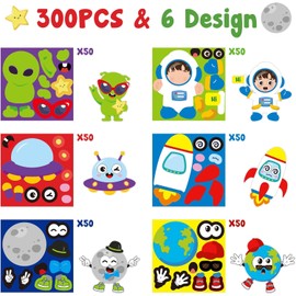 BeYumi 300pcs Outer Space Astronaut Rocket Planet DIY Make-A-Face Sticker Roll Set for Kids Creative Mix and Match Space Theme Back to School Classroom Reward Supply - Includes 6 Unique Patterns