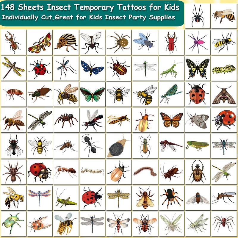 CHARLENT 148 Individually Sheets Bug Temporary Tattoos for Kids -