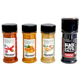 Rawseed Organic Himalayan Salt Gift Set, 4-Pack with Mild seasonings of Cayenne, Turmeric, Ginger Salt, 6 oz Each With Free RawHarvest Black Lava Salt Grinder 8 oz, Packed in an Artisan Gift Box.