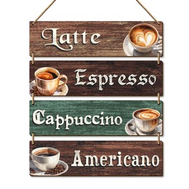 FUQWZ Vintage Coffee Wall Decor - Set of 4 Hanging Wooden Signs with Rope(12"x3" Each) - Farmhouse Decor for Home Café, Kitchen. (041)