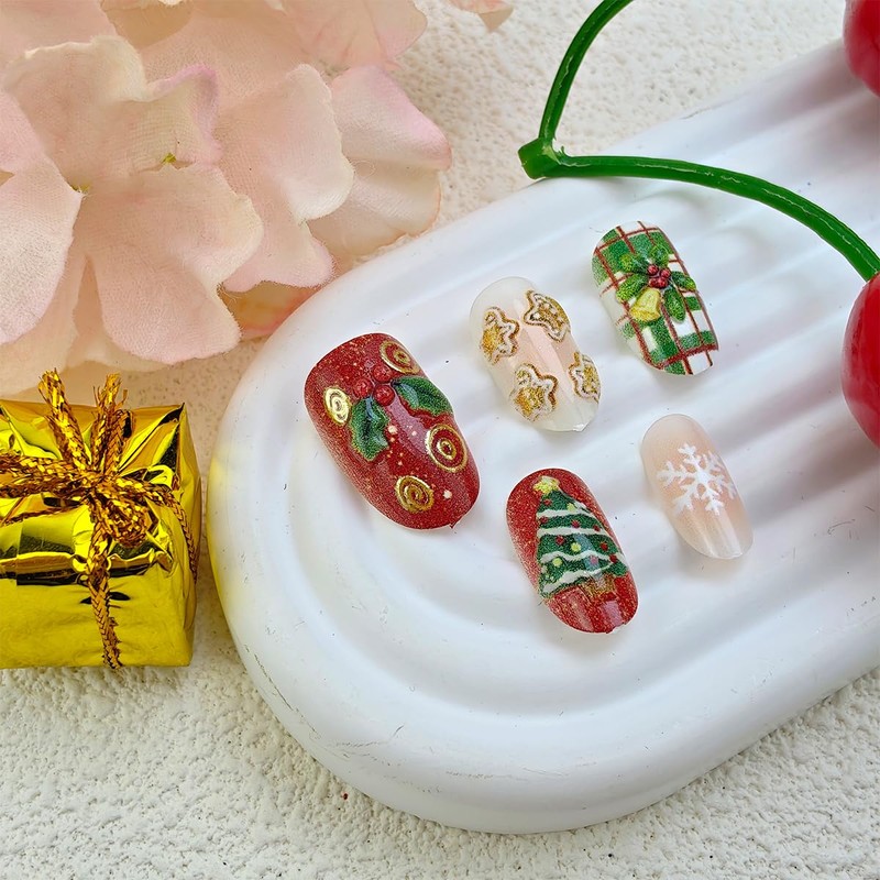30Pcs Cute Christmas Press on Nails Short Almond False Nails