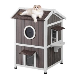 VEVOR Outdoor Cat House Weatherproof, Feral Cat Shelter for Multiple Cats, 2-Story Large Outdoor Wooden Cat House with Doors, PVC Door Flaps, A Clear Window, 23" L x 26" W x 36" H
