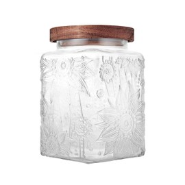 Custde Glass Storage Jars With Airtight Lid, 23.7oz Container For Kitchen Counter with Wood Lid, brown sugar, candy, coffee, cookie, salt, tea, cute Jar (Square Sunflower)