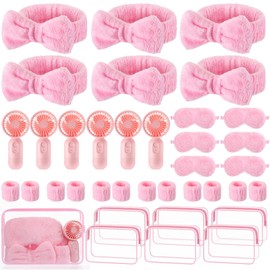 ZeahVeyora 6 Set Spa Party Favors Supplies for Girls Women Mini Handheld Fan Headband Wristband Sleep Mask Cosmetic Bag Sleepover Party Favors for Bachelorette Summer Gift (Pink)