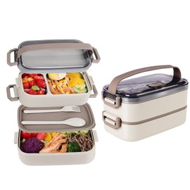 JUBOSYCZ Stainless Steel Bento Box for Adults&Kids,Japanese Leakproof Lunch Box Divided Food Meal Storage Containers Set Stackable 2 Layer for Children School Picnic Beige