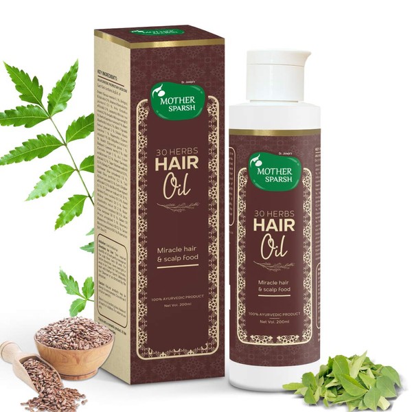 Mother Sparsh 30 Herbs Natural hair oil therapeutic properties to reduce hair fall and nourish dry, dull and damaged hair Contain sesame oil, Jabapushp, Methi, Amla & almond oil Ayurvedic, 200 ml