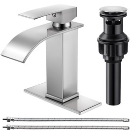 Waterfall Bathroom Faucet Brushed Nickel Bathroom Faucet Modern Single Handle for 1 or 3 Hole Bathroom Vessel Sink Faucet with Deck Pop-up Drain and Supply Hoses