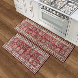 Wyatt & Ash Red Minot Imagine Printed Chenille 2' x 6' Runner Rug / 2' x 4' Accent Rug Non Skid & Machine Washable Rugs 2 Piece Set