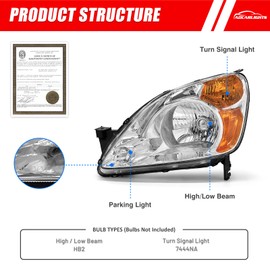 ADCARLIGHTS Headlight Compatible with Honda CRV 2002 2003 2004 Headlamp with Chrome Housing Amber Reflector Replacement Pair