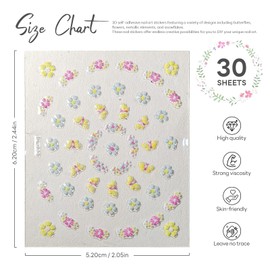 30 Sheets Flower Nail Sticker 3D Self Adhesive Colorful Daisy Multi-Design Floral Nail Decals Nail Polish Stickers Supplies Manicure Art Decoration Accessories for Women Girls