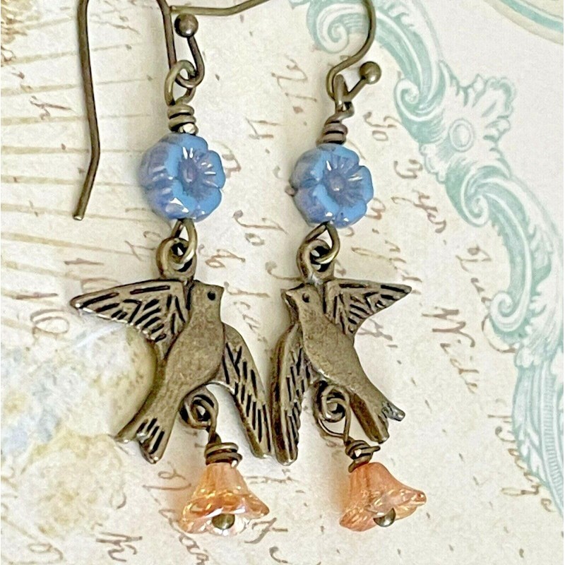 Bronze Birds with Blue and Apricot Flower Earrings Spring Nature