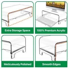AMT 2 Tier 5.7 Inch High Acrylic Laptop Monitor Stand & Computer Riser with Cat Keyboard Protector, Space-Saving Design, Extra Storage, Clear Shelf - Ideal for Monitors, Laptops, Printers, Desktop Decor