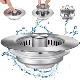 Naturezhen Universal 3-in-1 Kitchen Sink Drain Strainer, 304 All Stainless Steel Pop Up Sink Stopper, Anti-Clogging Basket Strainer for CA Standard Drain
