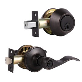Probrico Wave Style Keyed Entry Door Handle Lever with Double Cylinder Deadbolt Combo Lock Set in Oil Rubbed Bronze Finish