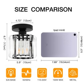 YHTlaeh Close to Ceiling Light Fixtures Mini Crystal Flush Mount Ceiling Light Chandelier Modern Indoor with E26 Base Hallway Bedroom Bathroom Entryway Kitchen (Black, 5.9in Round)