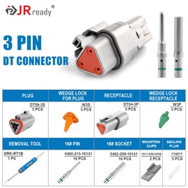JRready Deutsch Connector 3 Pin Connector Kits with Size 16 Solid Contacts(14-20AWG), ST6328-3 Waterproof DT Series Connector 3 Pin 5 Sets and Deutsch Pin Removal Tool DRK-RT1B with Mounting Clips