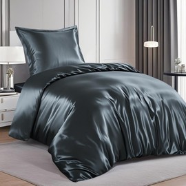 RUIKASI Satin Bed Linen 135 x 200 cm Grey - Luxury Duvet Cover with Shine Like Silk Bed Linen Set for Hair and Skin, Shiny Bed Linen 135 x 200 cm with Zip and Pillowcase 80 x 80 cm