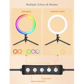 PHOCAR Aro de Luz con Tripie para Celular, 37 Modos Colores RGB, Aro de Luz para Celular, Regulable para Selfie, Transmisión en Vivo y Youtube o TikTok Video, Maquillaje, Selfie, Fotografia