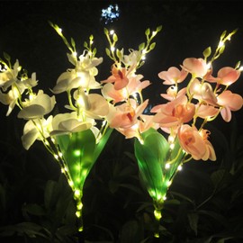 Solar Flower Lights, 2 Pack Solar Flowers with Pink & White Orchids, Solar Outdoor Lights, Waterproof Solar Garden Lights for Yard, Patio, Pathway, Lawn, Flowerbed, Grave, Cemetery Decor