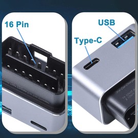 ZORKNOPT Car OBD2 to USB Power Adapter, DC12‑24V OBD to Type-C USB Female Adapter OBD Car Charger for Mobile Phones, Tablets, Dash Radar Detector, Camera GPS, DVR (ABS + Shell)