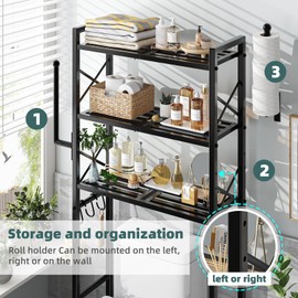 Simple Trending Over The Toilet Storage Rack with Toilet Paper Holder, Heavy Duty Metal 3 Tier Bathroom Organizer Shelf with 3 Hooks,Black