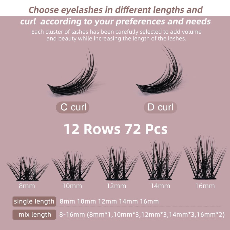 Cluster Lashes QUEWEL 72 Pcs Wide Stem Individual Lashes C/D