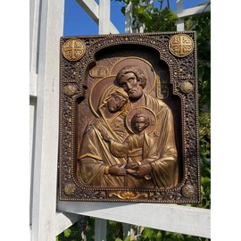 Handmade wooden Holy Family - Wood Carved Nativity Icon - 10 x 12 inches made of natural oak - wall hanging christian wall art