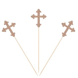 Rose Gold Glitter Cross Centerpiece Sticks for Baptism Christening Party Table Toppers Flower Decorations - Pack of 10