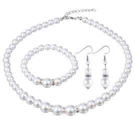 Lnngub 3 Pcs Pearl Necklace and Earring Bracelet Set,8mm Faux Pearl Jewelry Set for Women White Pearl Necklace for Women Best Gift For Birthday Valentine'S Day