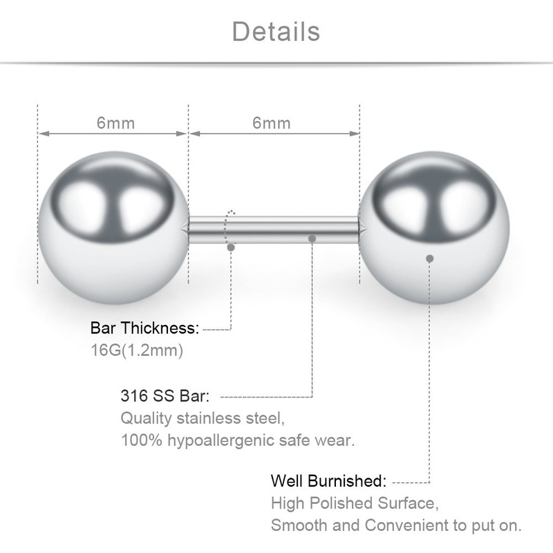 SCERRING 4 Pairs 16G 1/4" Stainless Steel Polished Ball Barbell
