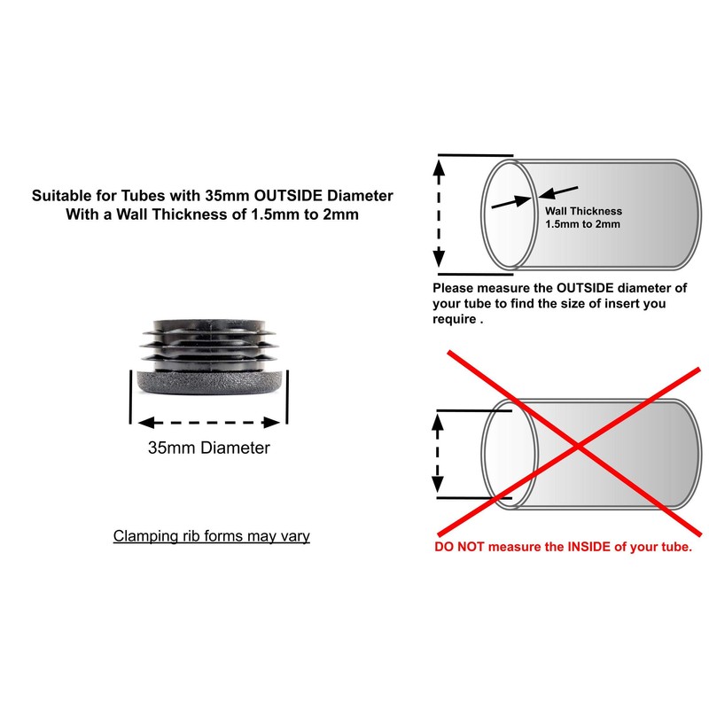 35mm Plastic End Caps, Black Round Tube Inserts, Pack of