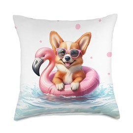Corgi Dog - Flamingo Float Pool Party Throw Pillow