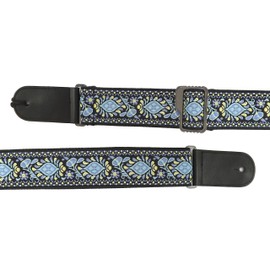 Classical/Acoustic/Bass/Electric Guitar Strap Patterned Design - Leather & Cotton (Blue Flower Pattern)