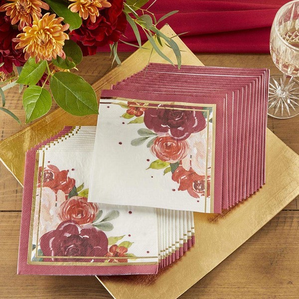 Kate Aspen Servilletas de papel floral de color borgoña, servilletas decorativas gruesas, vajilla de almuerzo, perfectas para recepción de boda o despedida de soltera
