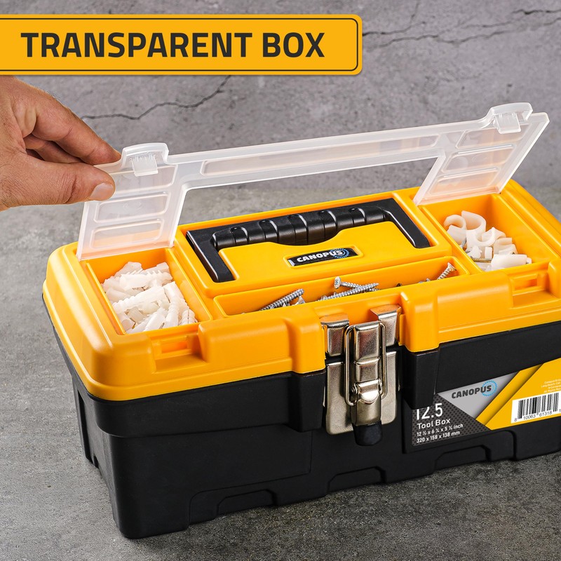 CANOPUS Plastic Toolbox, 12.5-inch Portable Tool Box with Metallic Clutch,