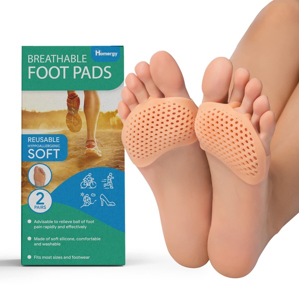 Homergy Metatarsal Foot Pads for Pain Relief - 4 Pack Soft Gel Reusable Breathable Sleeve Pads, Foot Cushions, Forefoot Cushioning Shoe Supports for Women and Men