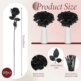 Hotop 40 Pcs Rose Artificial Flowers Bulk with Long Stem, Bouquet Roses, Realistic Silk Fake Roses for Home Wedding Centerpieces Party Table Decoration Valentine's Day Gifts (Solid Black)