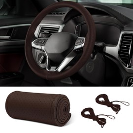 HEVLE Leather Steering Wheel Cover Lace Up, Car Wheel Cover, Universal Car Steering Wheel Protector with Needle Thread, 15 inch Steering Wheel Wrap Car Interior Accessories for Car Truck(Coffee, Hole)