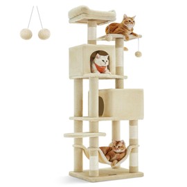 Feandrea Cat Tree, 61-Inch Cat Tower for Indoor Cats, Plush Multi-Level Cat Condo with 5 Scratching Posts, 2 Perches, 2 Caves, Hammock, 2 Pompoms, Grass Green and Camel Brown UPCT192C03