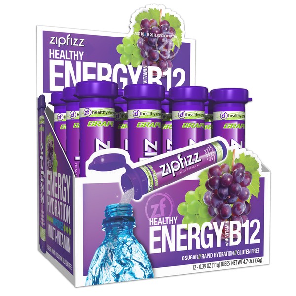 Zipfizz Energy Drink Mix, Electrolyte Hydration Powder with B12 and Multi Vitamin, Grape (12 Pack)