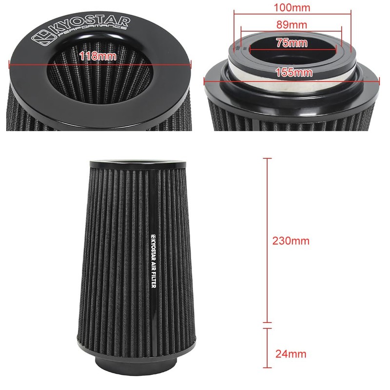 Universal 3/3.5/4" (75/89/100mm) High-Flow Air Filter, Reusable Cone Cold Air