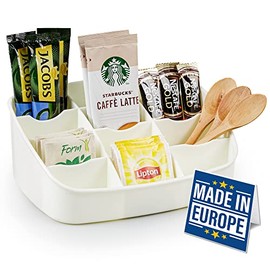 CRYSTALIA Tea Bag Organizer, White Plastic Storage Box for Countertop, Cabinet, Kitchen Pantry, Tea Caddy Holder for Coffee, Sugar, Loose Tea Packet, 12 Section Container for Small Items, Accessories