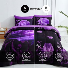 WONGS BEDDING Purple Comforter Set Cal King, Reversible Purple Rose 7 Pieces Bed in a Bag, Lightweight Soft Microfiber Bedding Sets with Flat Sheet, Fitted Sheet, Pillowcases & Shams