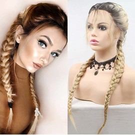 Rainahair Blonde Double Braided Wigs with Baby Hair Heat Resistant Synthetic Lace Front Wigs for Women Female Dark Roots Ombre Blonde Natural 2x Twist Braids Long Hair Glueless Synthetic Wig 24 Inch