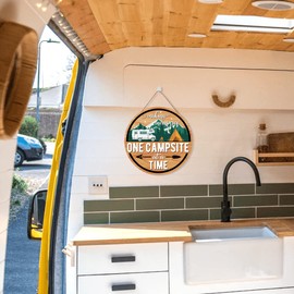 CHDITB Camping Wooden Signs Decor,(12”X12”),Camper Hanging Wood Decor,One Campsite At A Time Funny Quote Wall Plaques for Camper RV Door Wall Decor