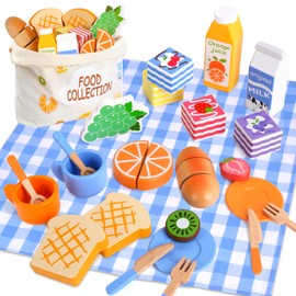 Picnic Children's Set with Blanket Tea Service, Play Kitchen Accessories, Montessori Toy from 1 2 3 Years, Children's Kitchen Accessories Wood, Tea Set with Dessert Outdoor Toy Gift for Boys Girls