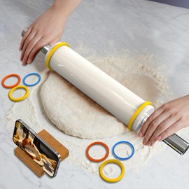 Mepple Marble Rolling Pin with Stainless Steel Handle for Fondant, Pizza, Cookie Crust, Cookies, Pastry, Rolling Pin for Baking, 18.5” Marble Rolling Pin with 3 Multi-Color Thicknesses and Wood Stand