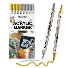 TRANSON 4 Silver and 4 Gold Paint Markers Brush and Bold Dual-tip Acrylic Paint Marker Set for Rock Painting Glass Canvas Wood Leather Ceramic Painting