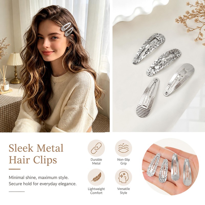 8Pcs Water Drop Metal Snap Hair Clips Textured Non Slip